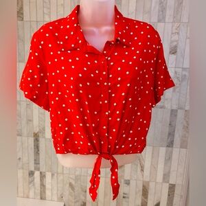 Red Polka Dot Button-Down Tie-Front Top